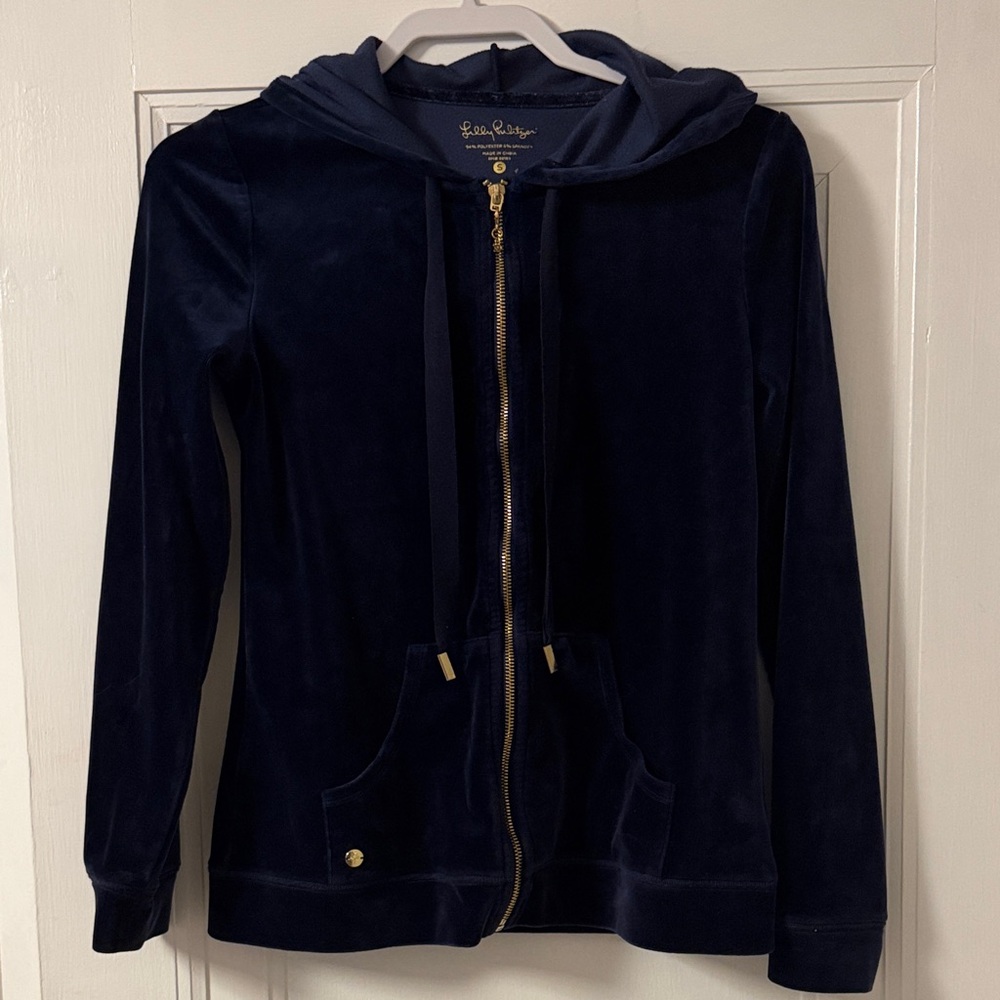 Lilly Pulitzer Navy Velvet Zip Front Hoodie Jacket with Gold Accents